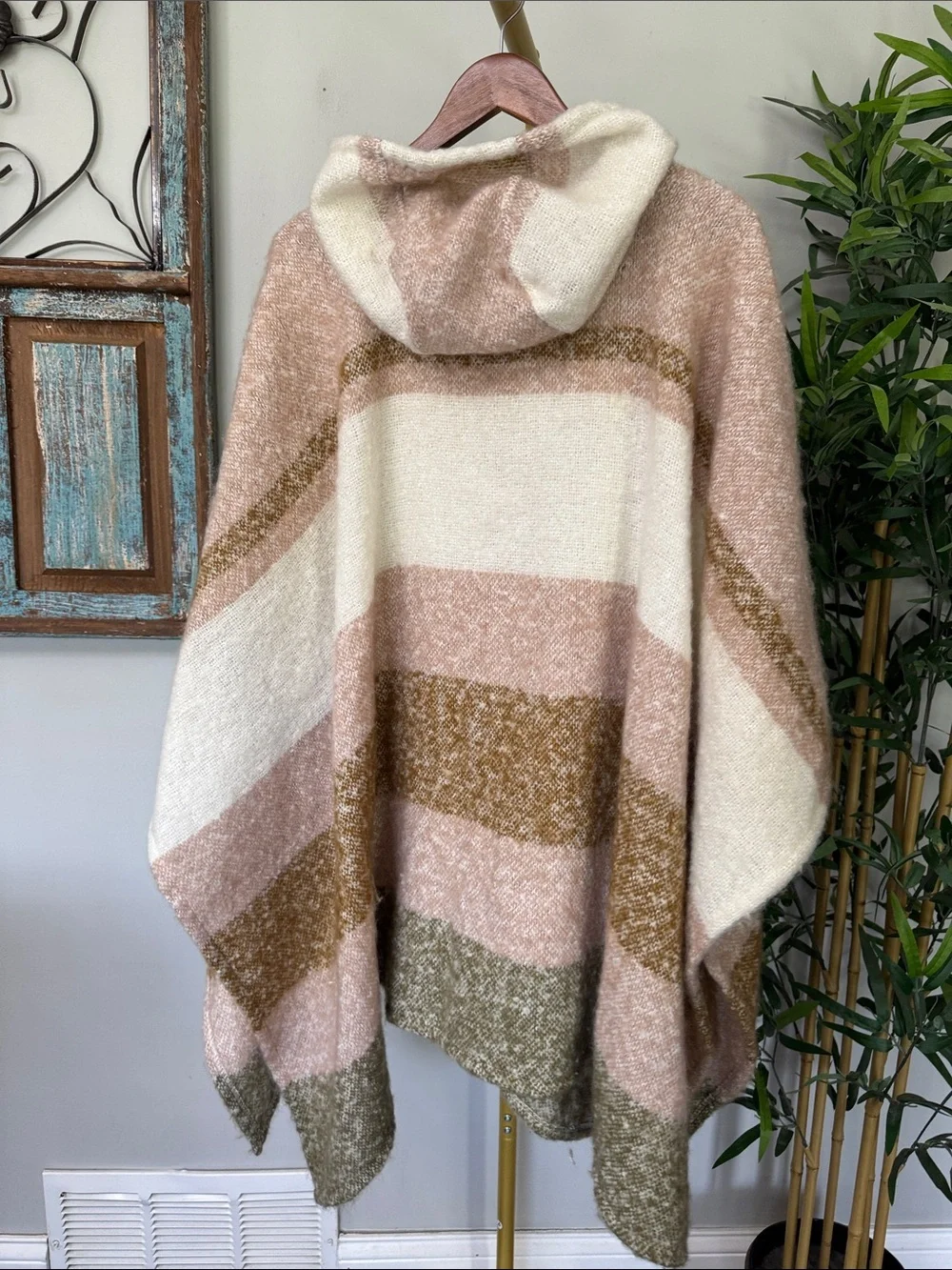 Striped Hooded Poncho in Blush, Cream & Olive NWOT